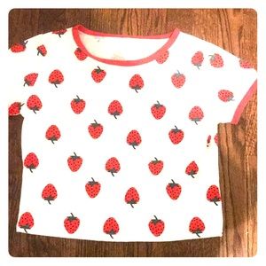 Cropped strawberry imprinted tee with red lining